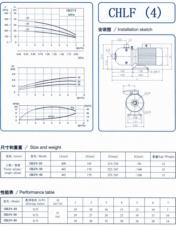 CHLF輕型立式不銹鋼多級離心泵安裝圖、尺寸、性能